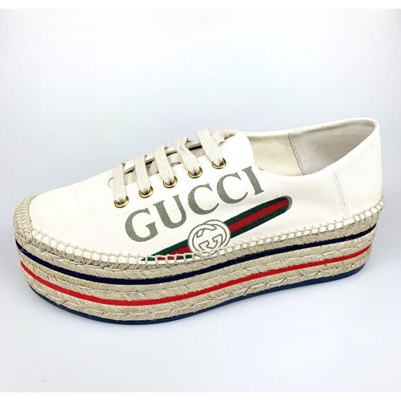 NIB Gucci Women's Platform Espadrilles with logo In White Size 38.5 - Picture 3 of 11